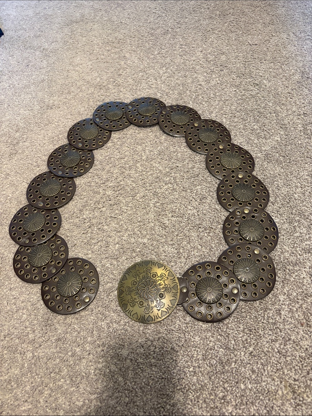 Decorative Bronze Metal Disc Belt with Ornate Center